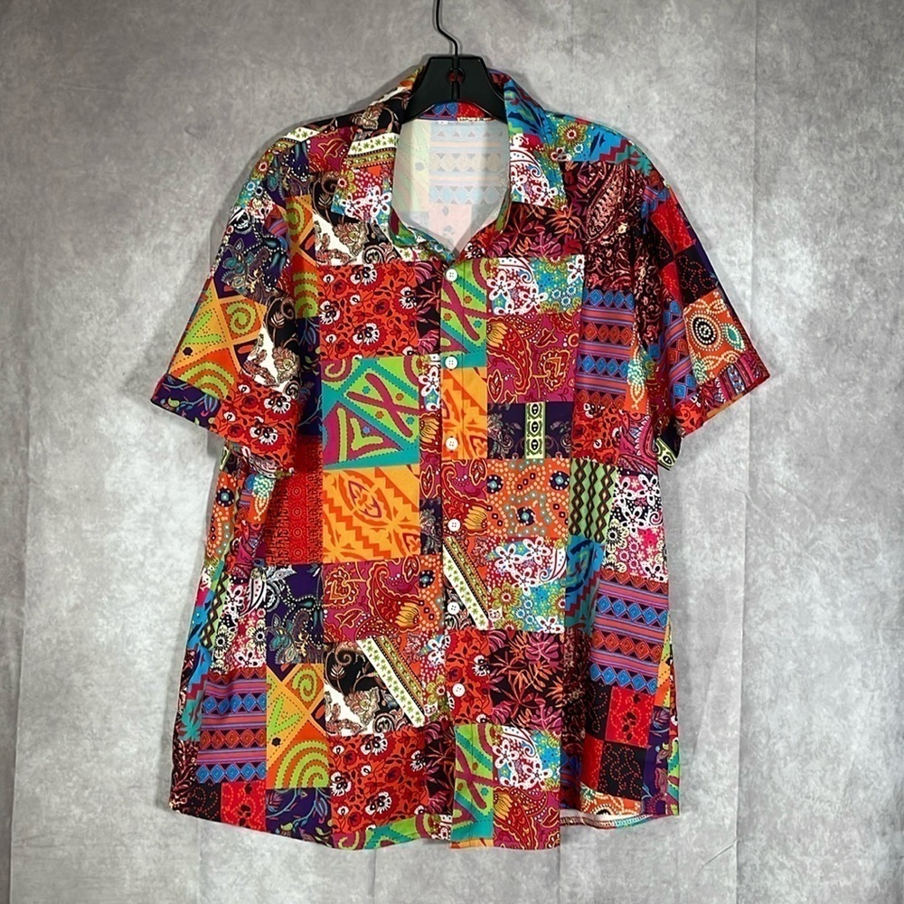 Multicolored PatchColor Block Eclectic Artsy Short Sleeve Button Down Shirt L